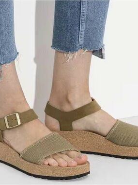 Birkenstock Olive Green Canvas Cork Platform Sandals like new. Size 39